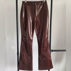 MOTEL ROCKS Brown Croc-Embossed Vegan Leather Flared Pants